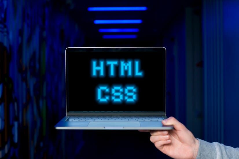 Hand Holding Laptop with HTML CSS on Screen