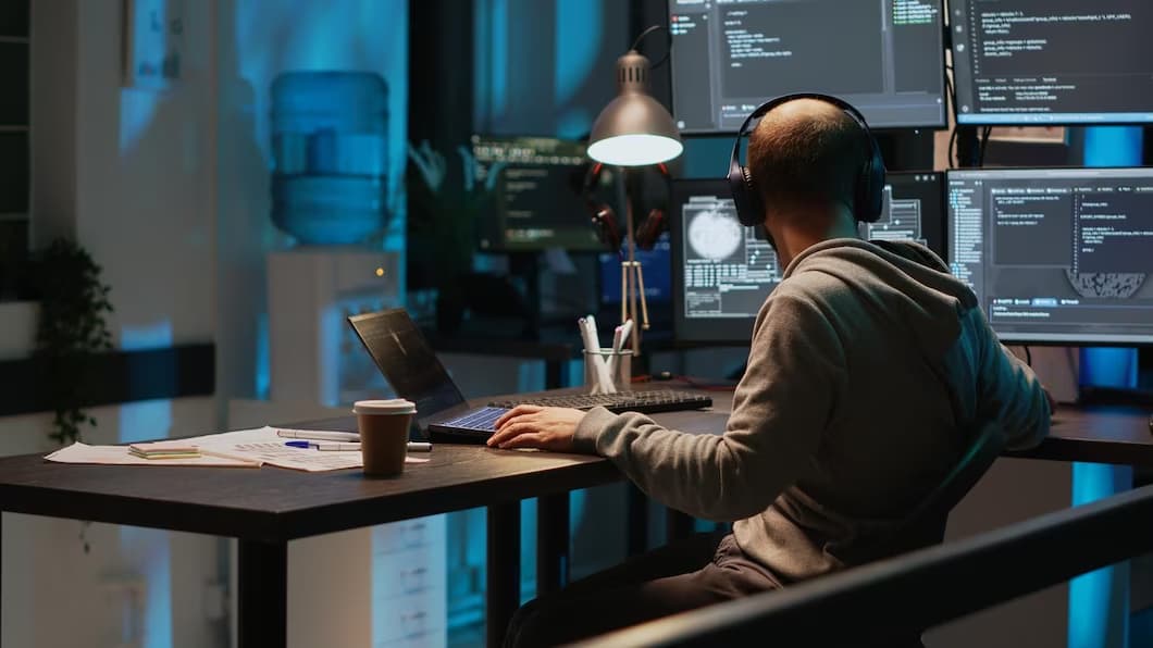 A man wearing headphones works at computers and writes code