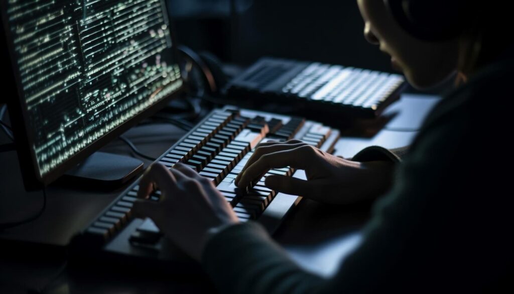 Programmer typing on computer in office